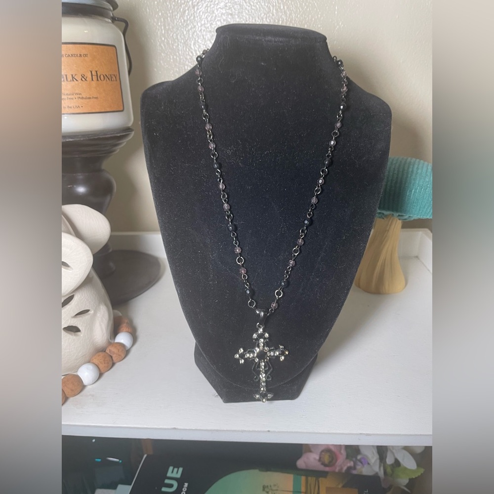 Black Beaded Cross Necklace